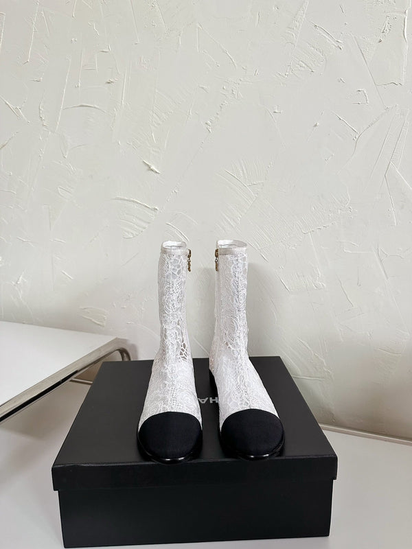 CC Boots Flower White Lace Mesh Black Grosgrain