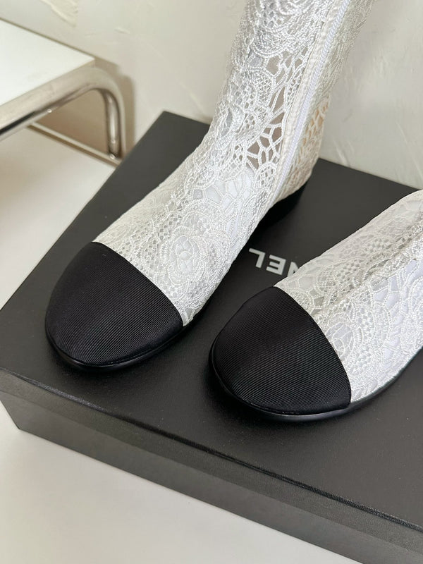 CC Boots Flower White Lace Mesh Black Grosgrain