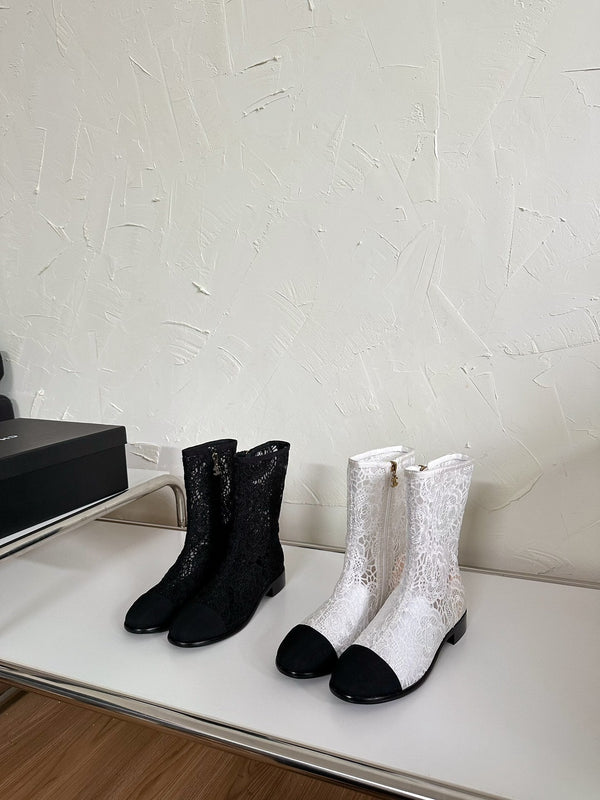 CC Boots Flower White Lace Mesh Black Grosgrain