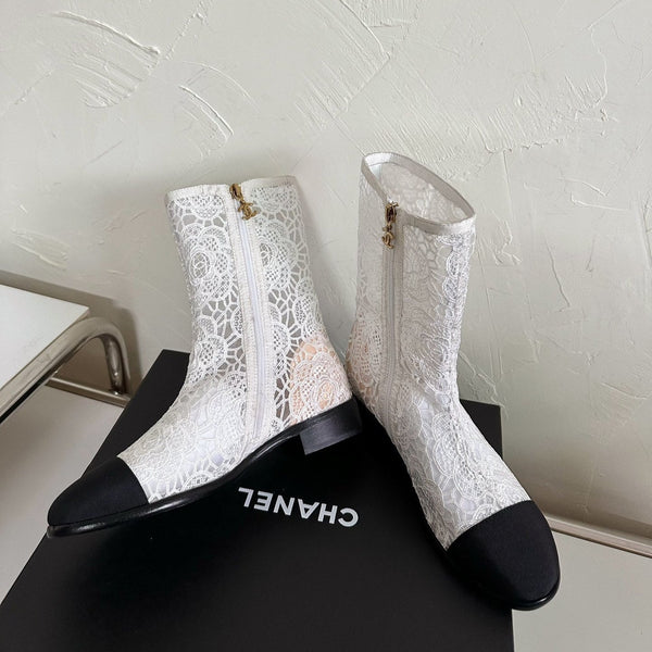 CC Boots Flower White Lace Mesh Black Grosgrain