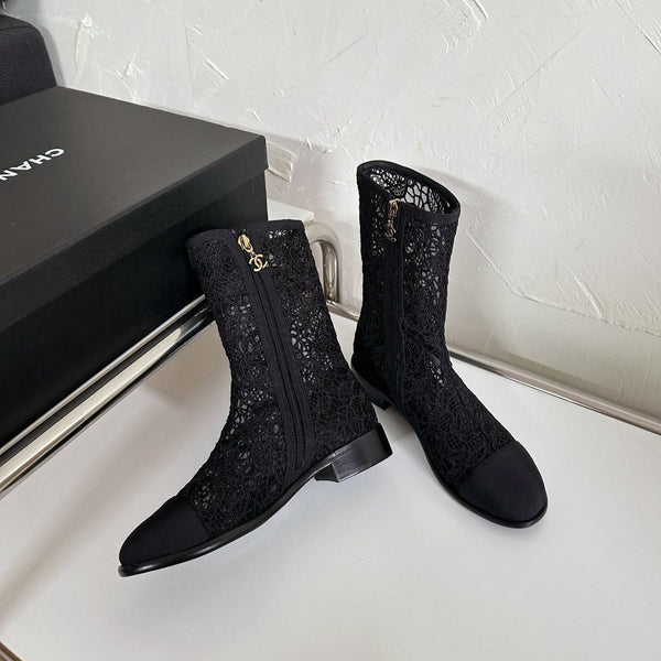 CC Boots Flower Black Lace Mesh Grosgrain