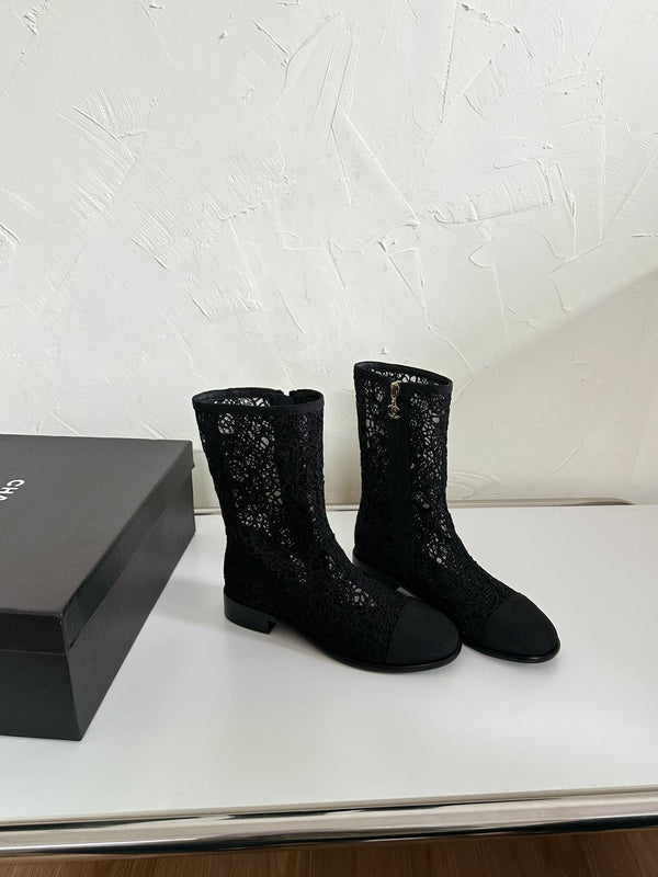 CC Boots Flower Black Lace Mesh Grosgrain