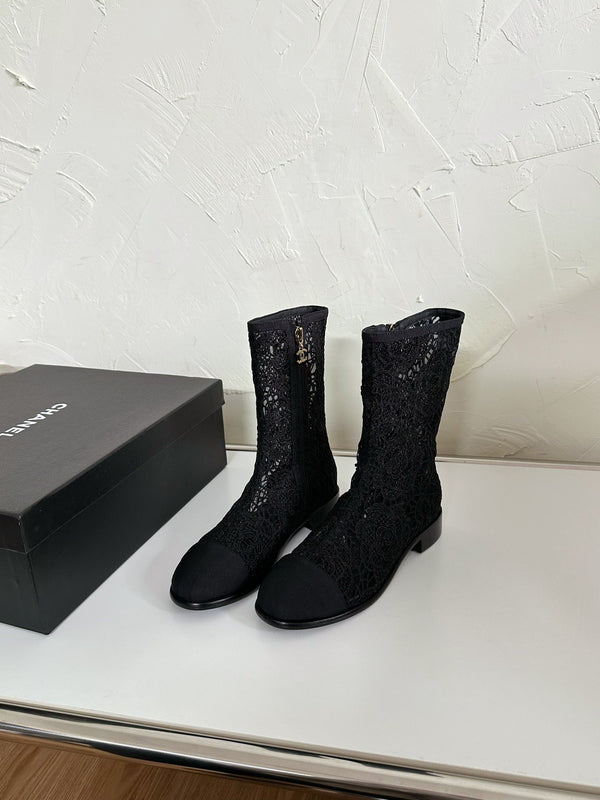 CC Boots Flower Black Lace Mesh Grosgrain