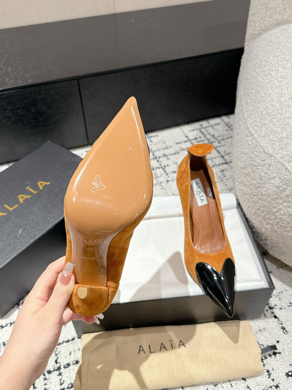 ALAIA HIGH PUMPS 10CM IN COPPER BROWN SUEDE MIX BLACK CALFSKIN