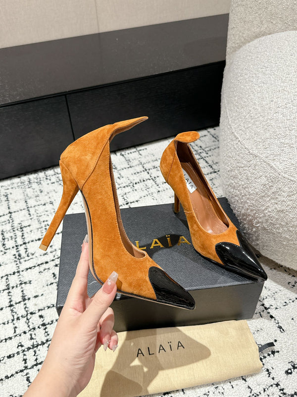 ALAIA HIGH PUMPS 10CM IN COPPER BROWN SUEDE MIX BLACK CALFSKIN