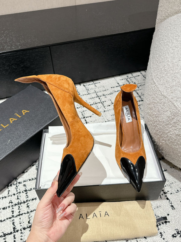 ALAIA HIGH PUMPS 10CM IN COPPER BROWN SUEDE MIX BLACK CALFSKIN