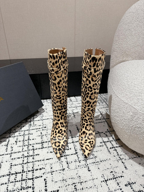 Alaila High Boots 60mm In Light Yellow Calfskin Horsehair Leopard Print 916740