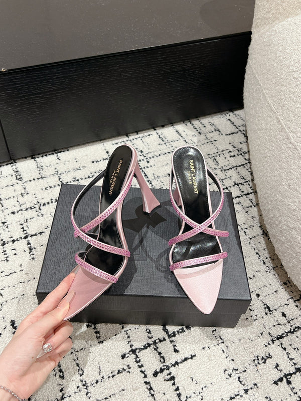 HIGH CRYSTAL STRAP SANDALS IN LIGHT PINK SILK