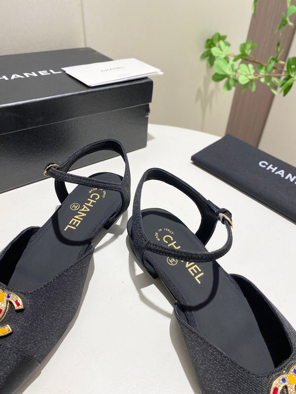 CC 25P Colorful Double Buckle Mary Jane Sandals Black Frabic 466988