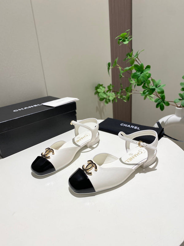 CC 25P Double-Buckle Mary Jane Sandals Black White Sheepskin 466992