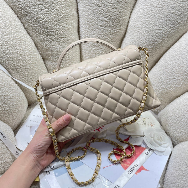 CC 25P Medium Flap Bag 25cm Top Handle Beige Calfskin Gold Hardware