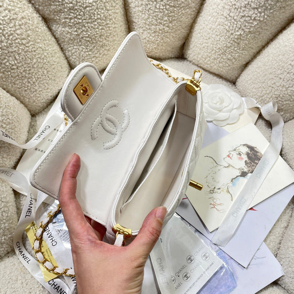 Borsa a tracolla CC 25P Mini Flap Bag 22 cm Manico superiore Pelle di vitello color crema Hardware dorato