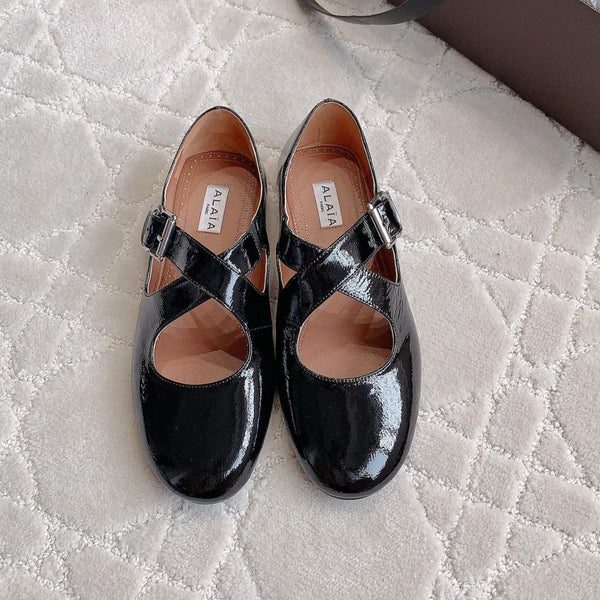 ALAIA CRISS CROSS BALLET FLAT IN BLACK LAMBSKIN WITH SILVER HARDWARE