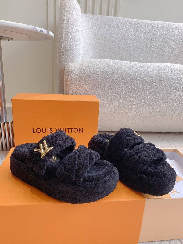 LV Sunset Platform Comfort Mule Black Gray Wool