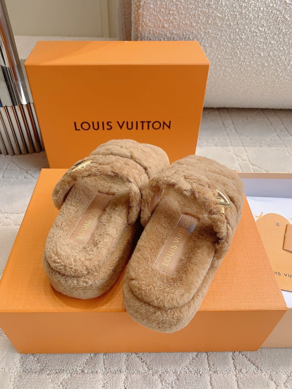 LV Sunset Platform Comfort Mule Light Brown Wool