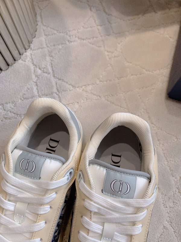 CD B27 Low-Top Sneaker White Beige Mix Charcoal Blue Print Calfskin And Oblique Jacquard