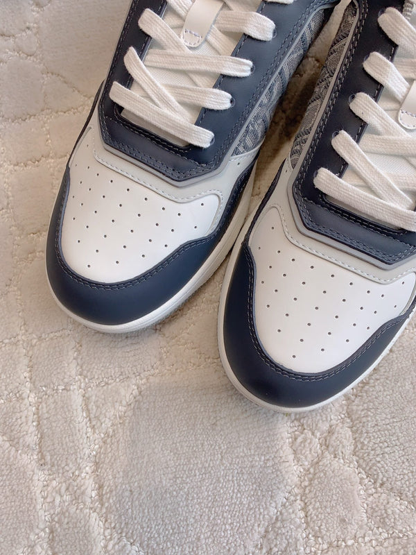 CD B27 Low-Top Sneaker White Charcoal Blue Print Calfskin And Oblique Jacquard Fabric