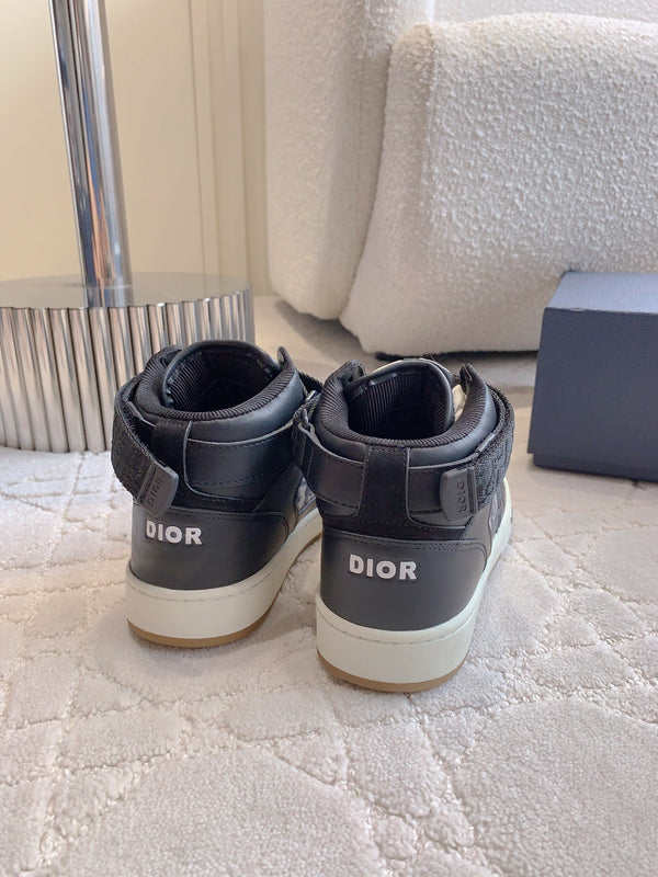 CD B27 High-Top Sneaker Black Charcoal Blue Print Calfskin And Oblique Jacquard Fabric