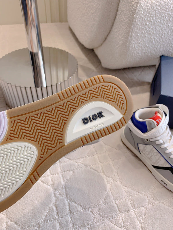 CD B27 High-Top Sneaker White Grey And Red Blue Print Calfskin