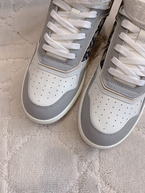 CD B27 High-Top Sneaker White Grey Print Calfskin And Oblique Jacquard Fabric