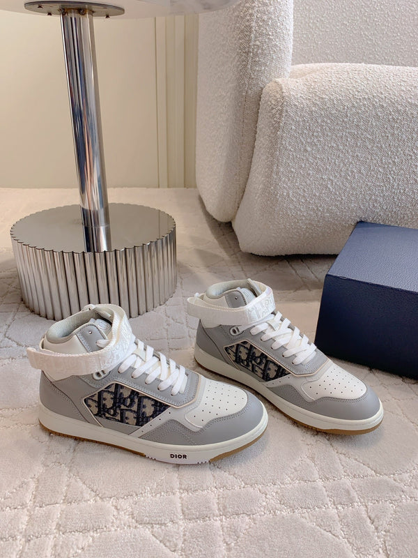 CD B27 High-Top Sneaker White Grey Print Calfskin And Oblique Jacquard Fabric