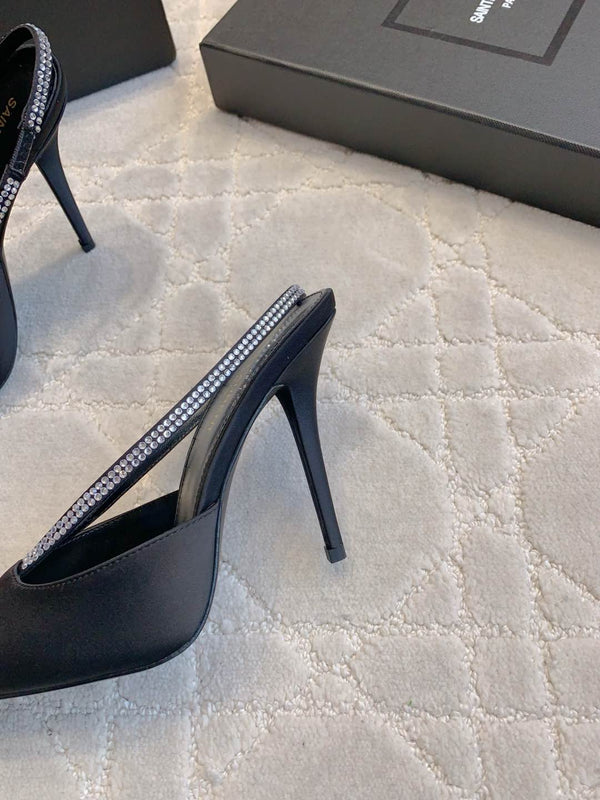 AMANDA SLINGBACK PUMPS IN BLACK SILK WITH RHINESTONES