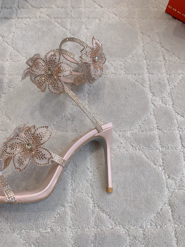 RC Flower Sandals Pink Nude Sheepskin Rhinestones 328466