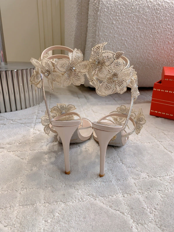 RC Flower Sandals Beige Sheepskin Rhinestones 328467