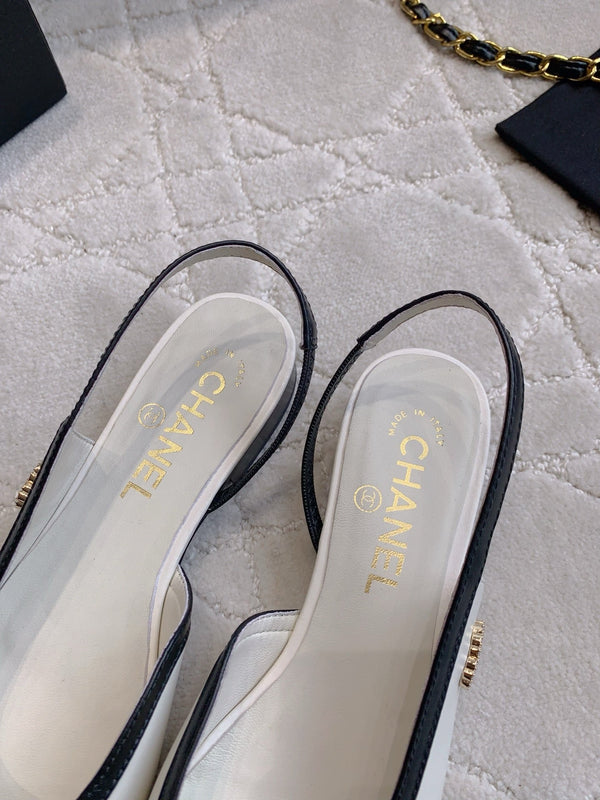 CC Cap Toe Slingback Black White Lambskin 404284