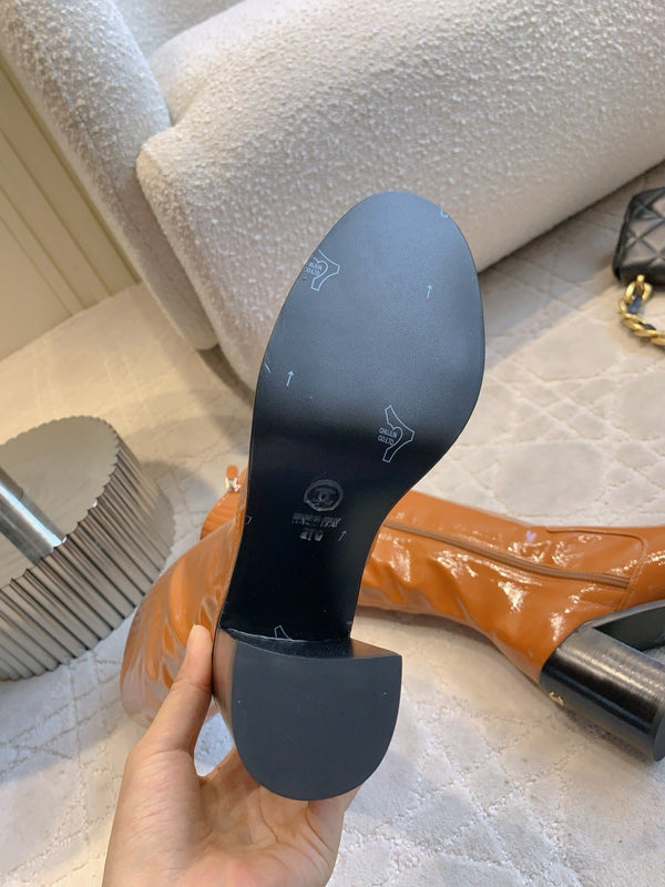 CC 25 Heeled Long Boot Caramel Brown mix Black Patent Leather 516682