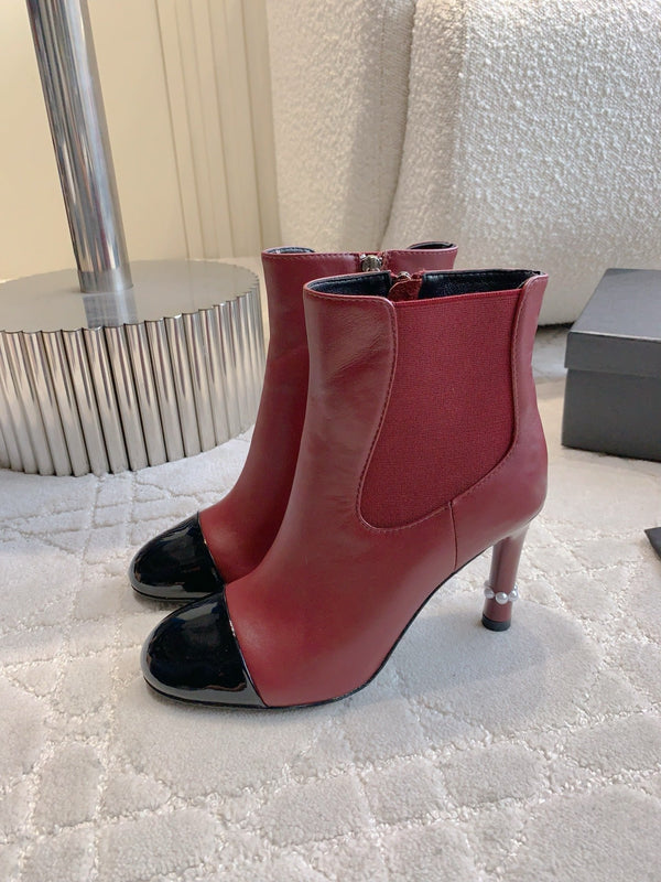 CC 25 Pearl Heel Boot Burgundy Black Calfskin 516654