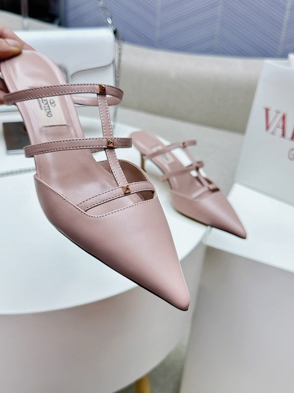 ROCKSTUD WISPY CREPE PINK CALFSKIN MULE 60MM