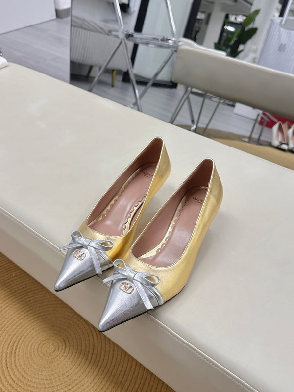Bepointy Pump Bow In Gold Mix Silver Metaliic Cowhide Pale Pink Sheepskin Linning 304250