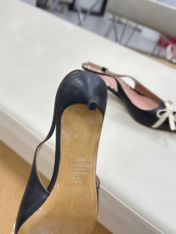 Bepointy Slingback Pumps Bow In Black Cowhide And Patent Leather Pale Pink Sheepskin Linning 304252