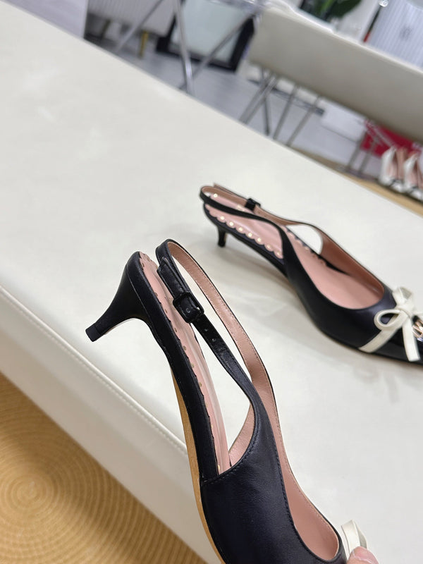Bepointy Slingback Pumps Bow In Black Cowhide And Patent Leather Pale Pink Sheepskin Linning 304252