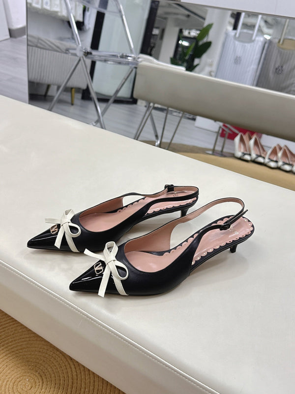 Bepointy Slingback Pumps Bow In Black Cowhide And Patent Leather Pale Pink Sheepskin Linning 304252