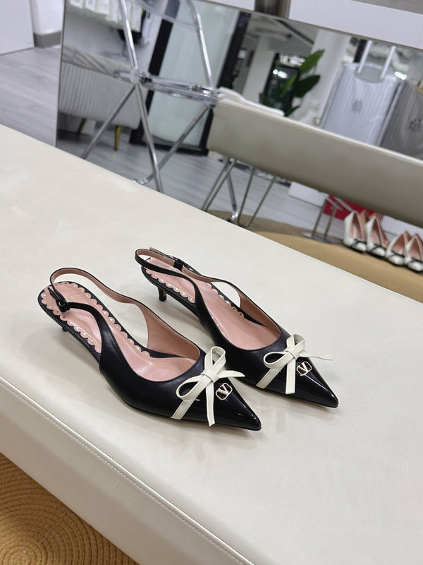 Bepointy Slingback Pumps Bow In Black Cowhide And Patent Leather Pale Pink Sheepskin Linning 304252