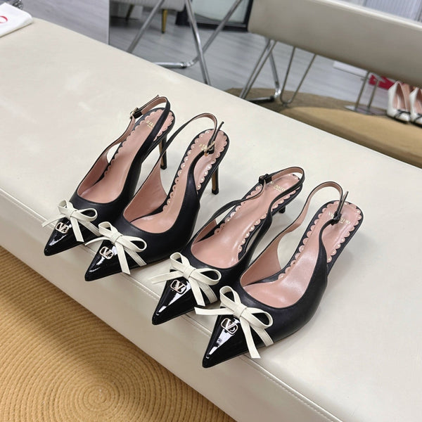 Bepointy Slingback Pumps Bow In Black Cowhide And Patent Leather Pale Pink Sheepskin Linning 304252