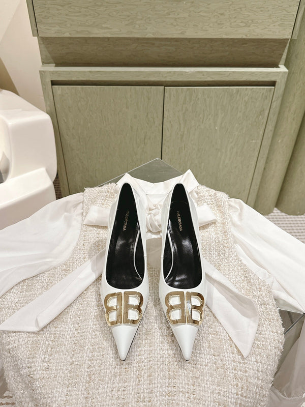 POINTED BB GOLD BUCKLE HIGH PUMPS 85MM IN WHITE PATENT CALFSKIN
