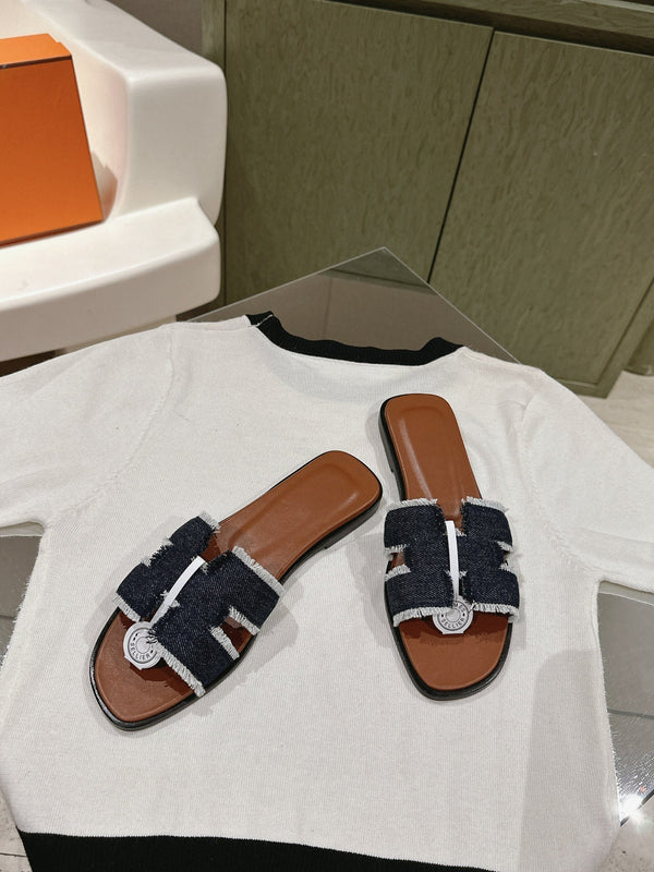 0ran sandal black denim brown calfskin