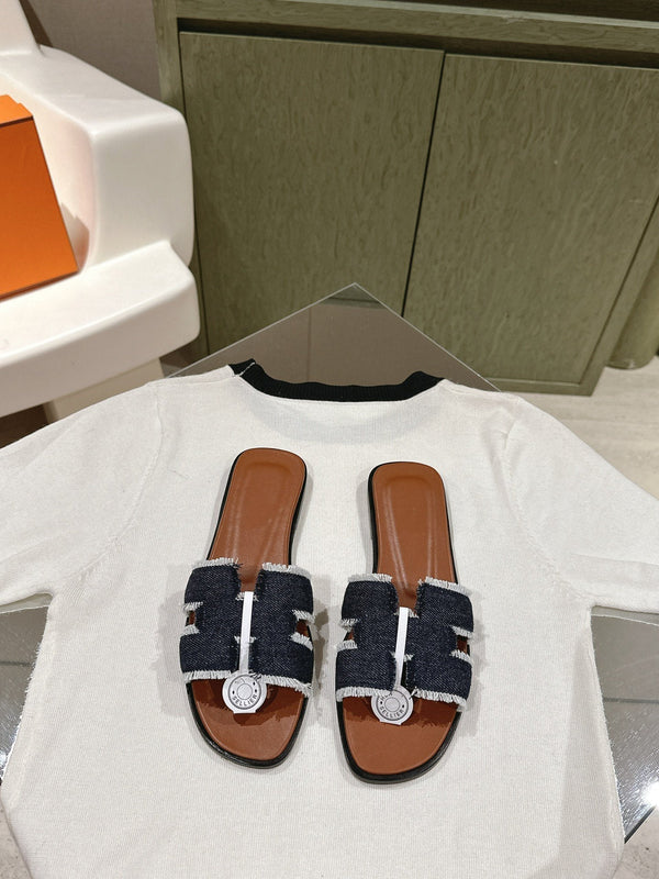 0ran sandal black denim brown calfskin