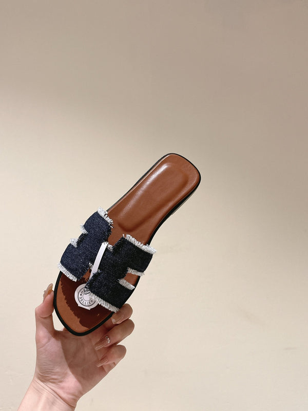 0ran sandal black denim brown calfskin