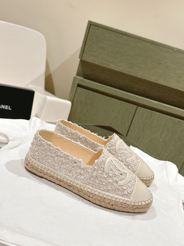 espadrillas in tweed grigio e pelle di vitello bianca