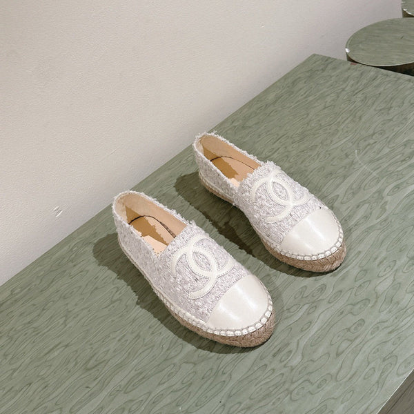 espadrillas in tweed grigio e pelle di vitello bianca