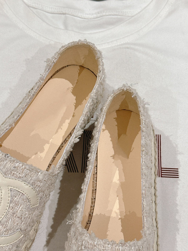 espadrillas in tweed grigio e pelle di vitello bianca