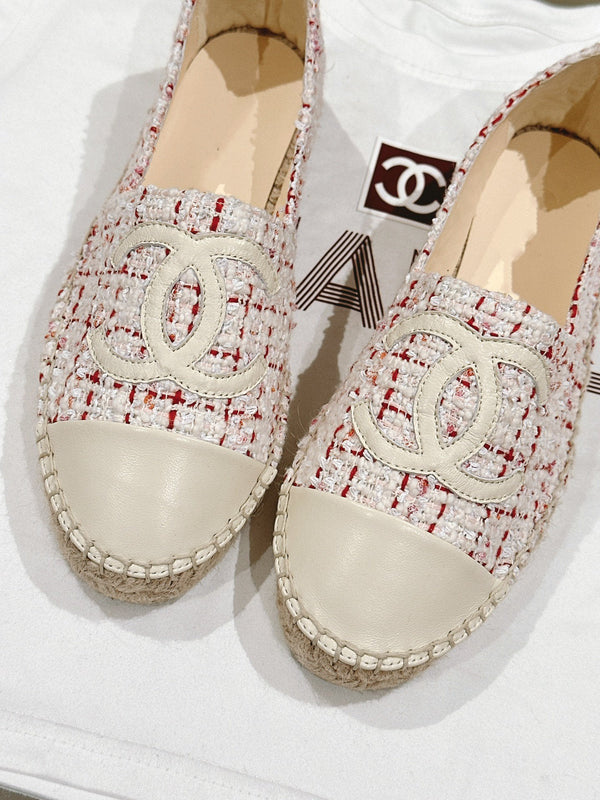 espadrillas bianche rosse tweed pelle di vitello bianca