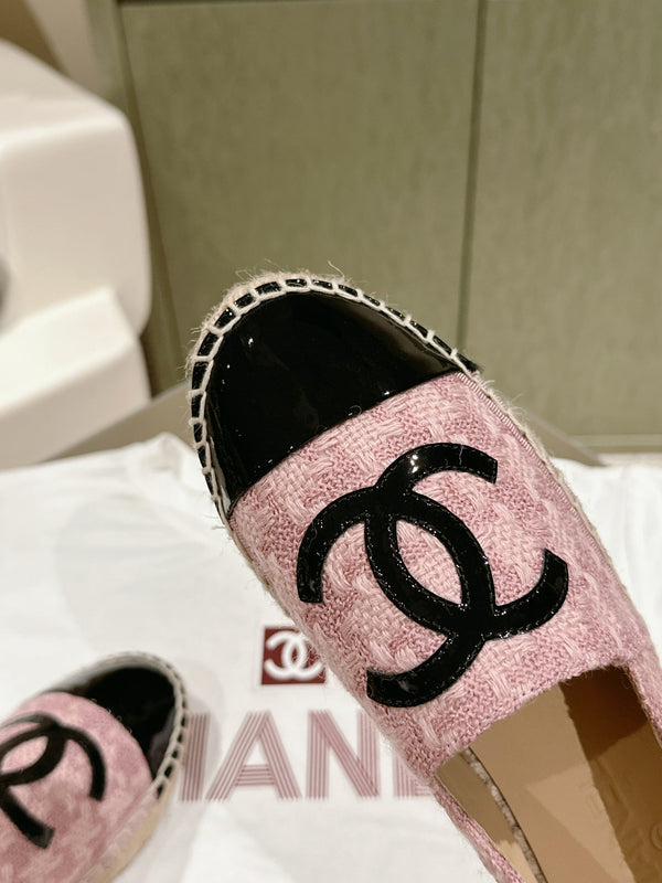 espadrillas in pelle di vitello verniciata nera in tweed rosa