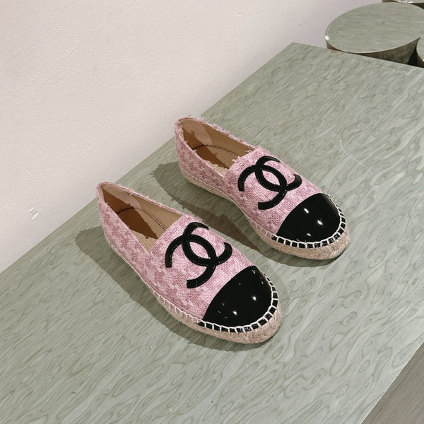 espadrillas in pelle di vitello verniciata nera in tweed rosa