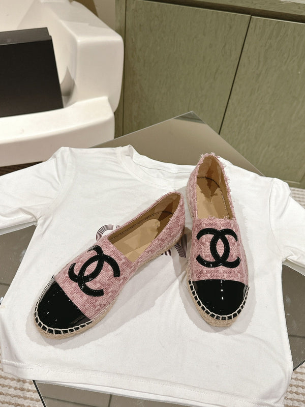 espadrillas in pelle di vitello verniciata nera in tweed rosa