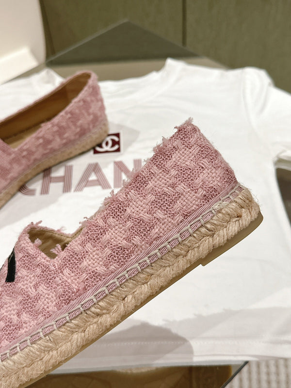 espadrillas in pelle di vitello verniciata nera in tweed rosa